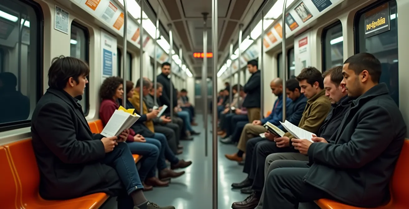 Intérieur d'une rame de métro montréalais avec passagers stratégiquement positionnés près des portes
