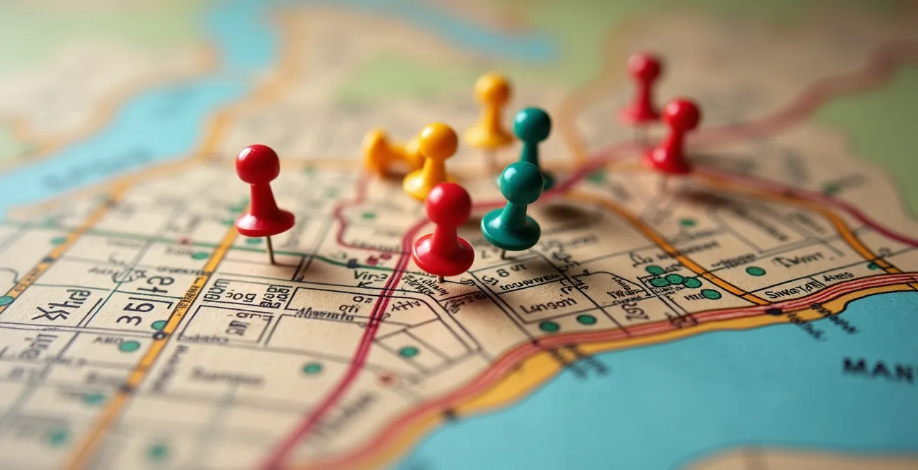 Vue macro détaillée d'une carte immobilière de Montréal avec épingles colorées marquant différentes zones d'investissement