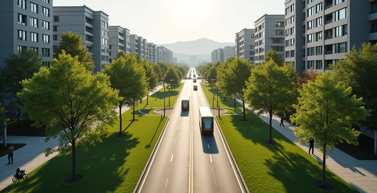 Vue aérienne du Plateau Mont-Royal transformé avec espaces verts remplaçant les stationnements