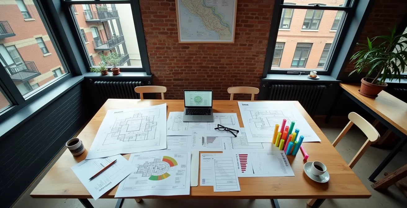 Vue aérienne d'un espace de travail avec analyse stratégique BRRRR pour l'immobilier montréalais