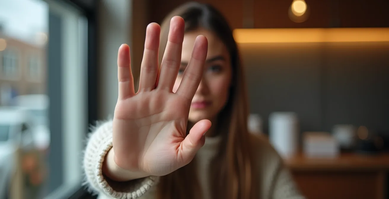 Main tendue faisant un geste d'arrêt bienveillant avec arrière-plan urbain flou
