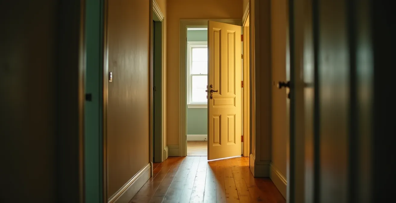Seuil de porte entrouvert laissant entrer une lumière douce et chaleureuse