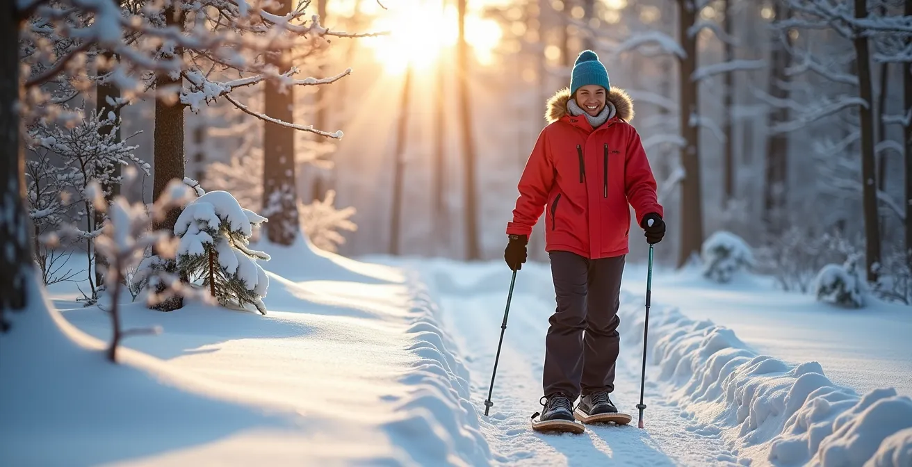 Randonneur en raquettes traversant une forêt d'érables enneigée avec rayons de soleil filtrant
