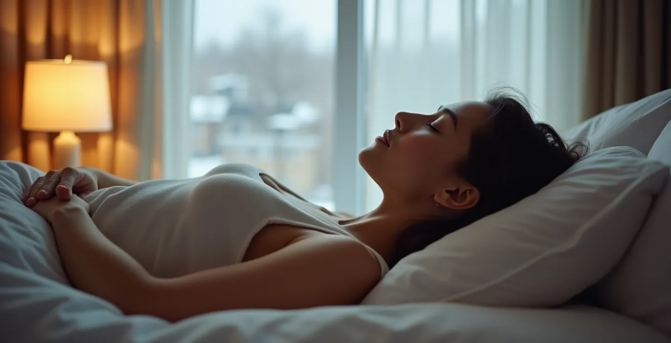 Intérieur apaisant d'une chambre montréalaise avec lumière tamisée filtrant à travers des rideaux