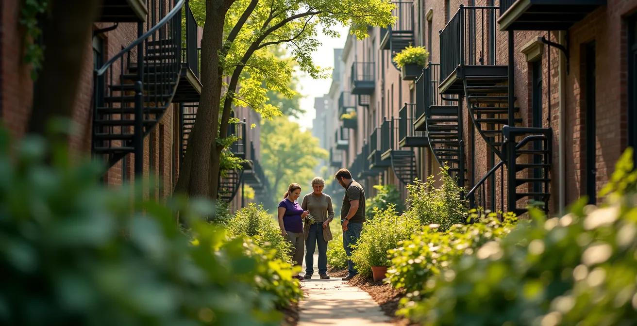 Ruelle verte du Plateau Mont-Royal avec jardins communautaires et escaliers typiques