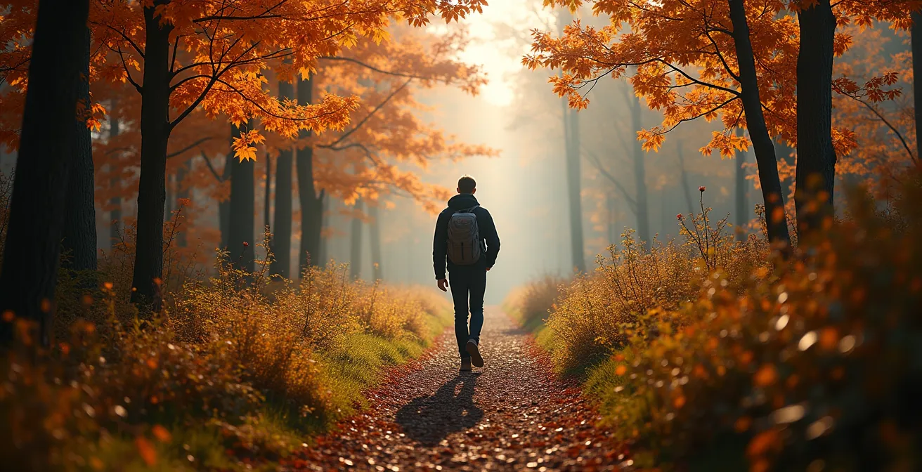 Randonneur solitaire sur sentier forestier entouré d'érables aux couleurs automnales éclatantes