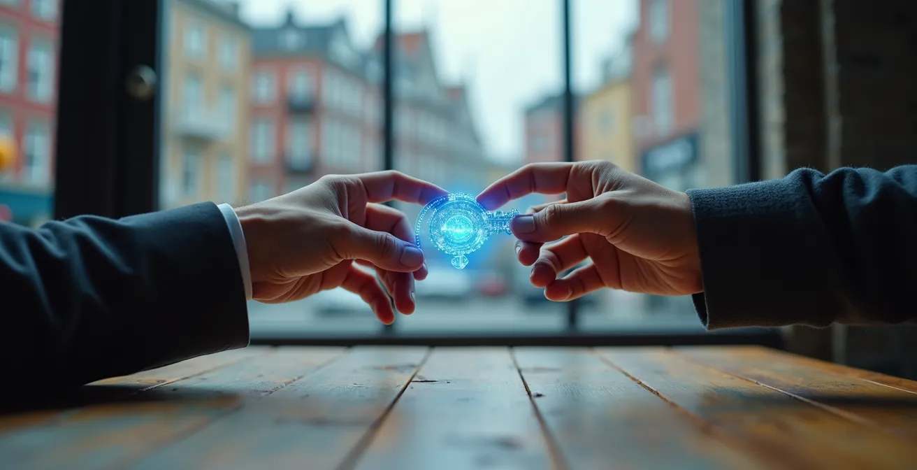Mains échangeant une clé numérique holographique au-dessus d'une table en bois avec vue sur le Vieux-Port de Montréal