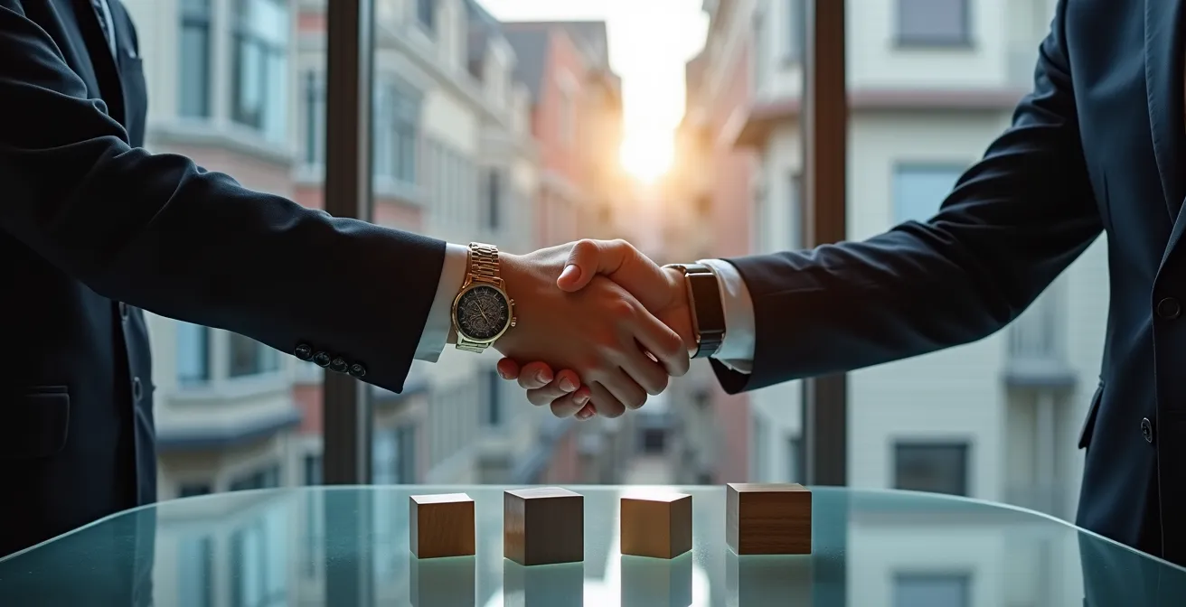 Poignée de main symbolique entre deux professionnels dans un bureau moderne de Montréal, représentant l'accord d'un contrat intelligent.