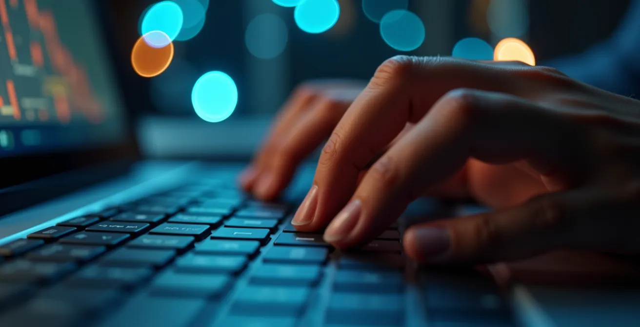 Mains tapant sur un clavier avec des bulles de dialogue abstraites représentant l'échange avec l'IA