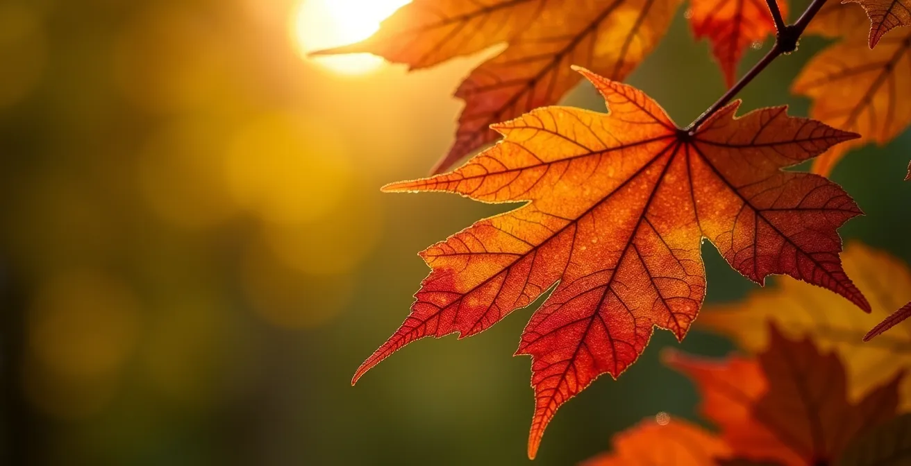 Gros plan sur des feuilles d'érable aux couleurs automnales avec lumière filtrée