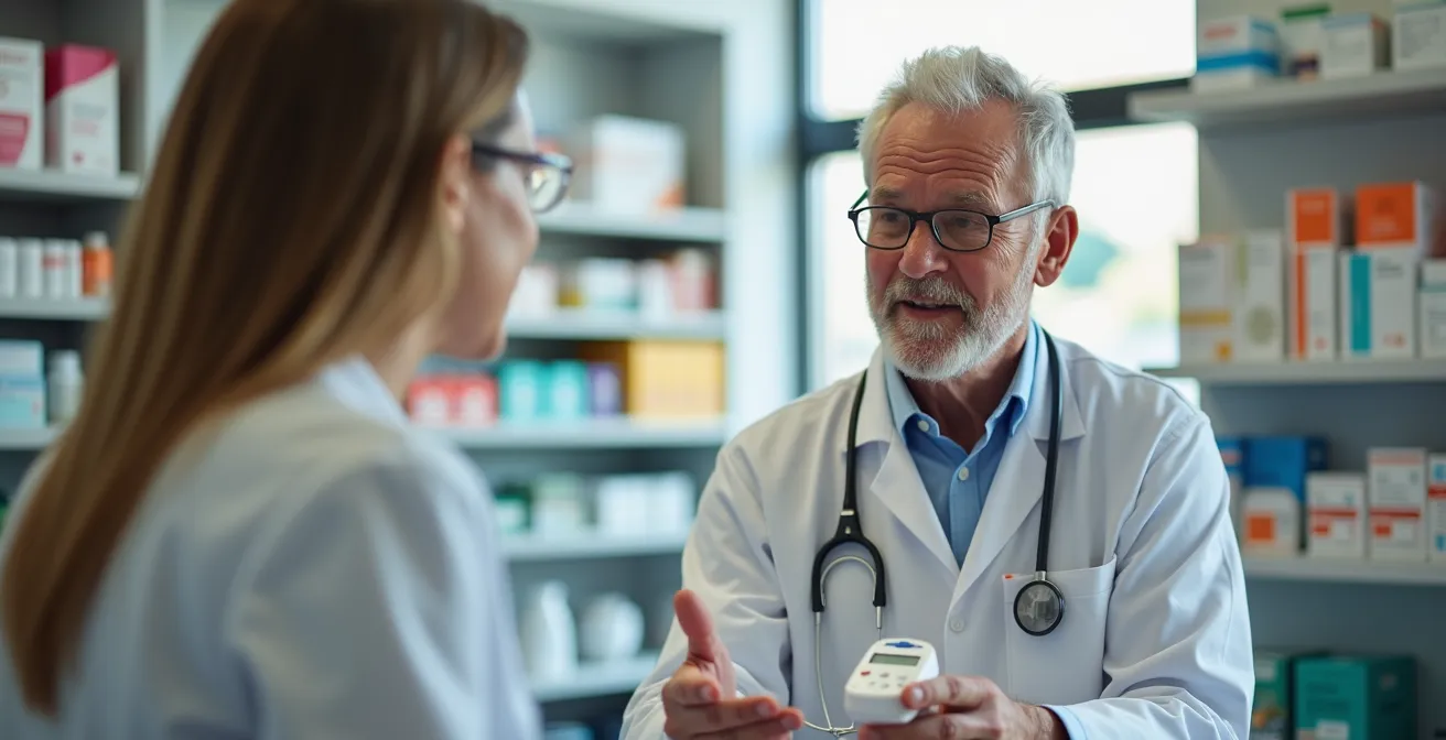 Pharmacien conseillant un patient sur l'utilisation de tests diagnostiques