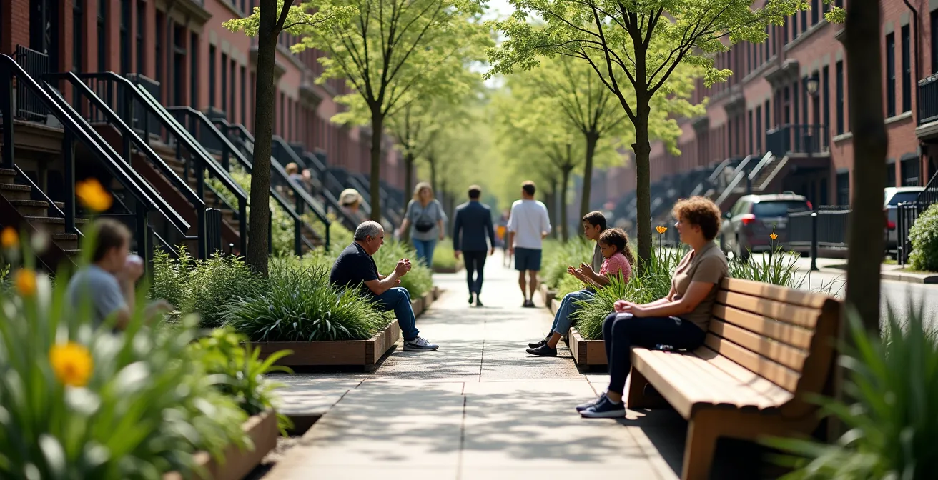 Perspective humaine d'une rue montréalaise transformée avec des espaces verts, des bancs et des piétons remplaçant les anciens stationnements.