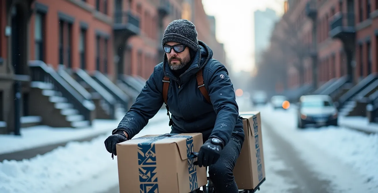 Livreur à vélo cargo électrique naviguant dans une rue enneigée de Montréal