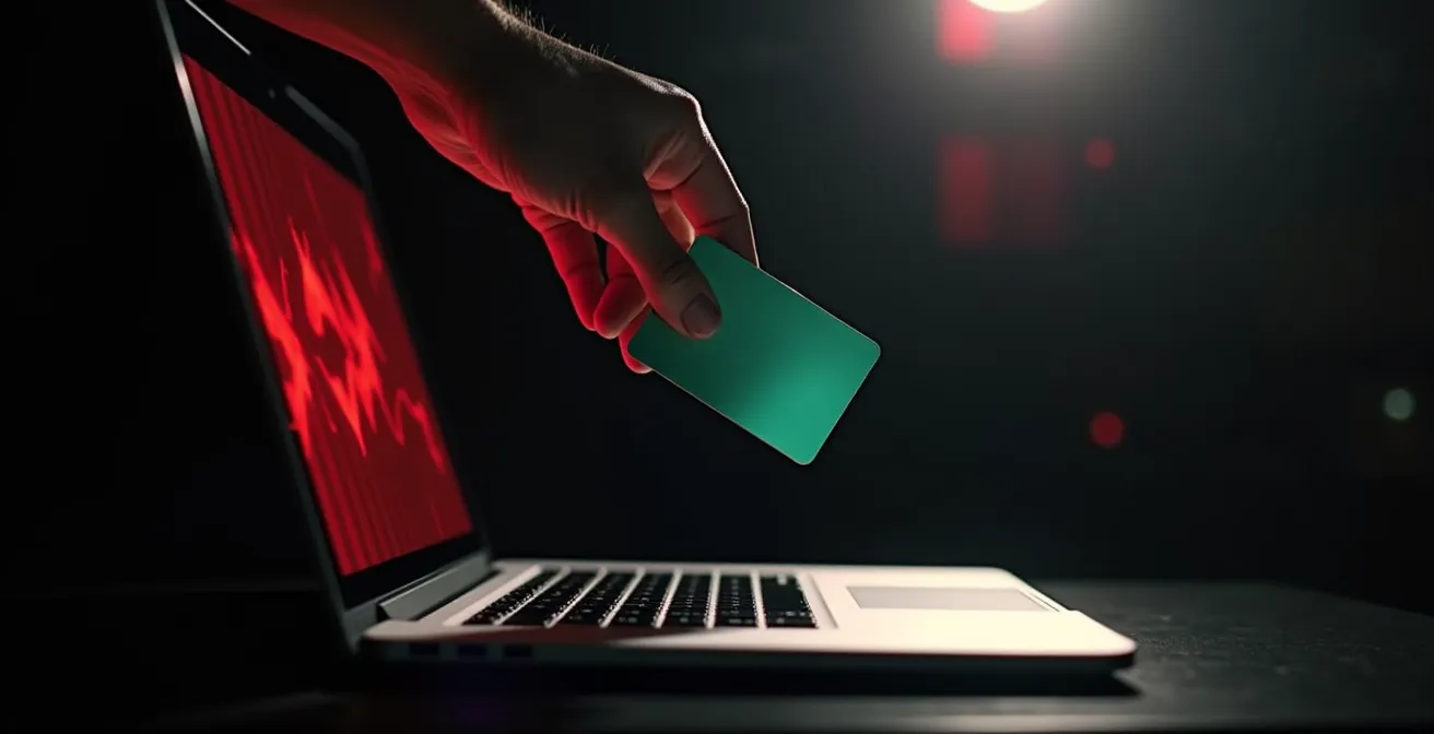 Main tenant une carte bancaire près d'un ordinateur portable montrant des signaux de sécurité