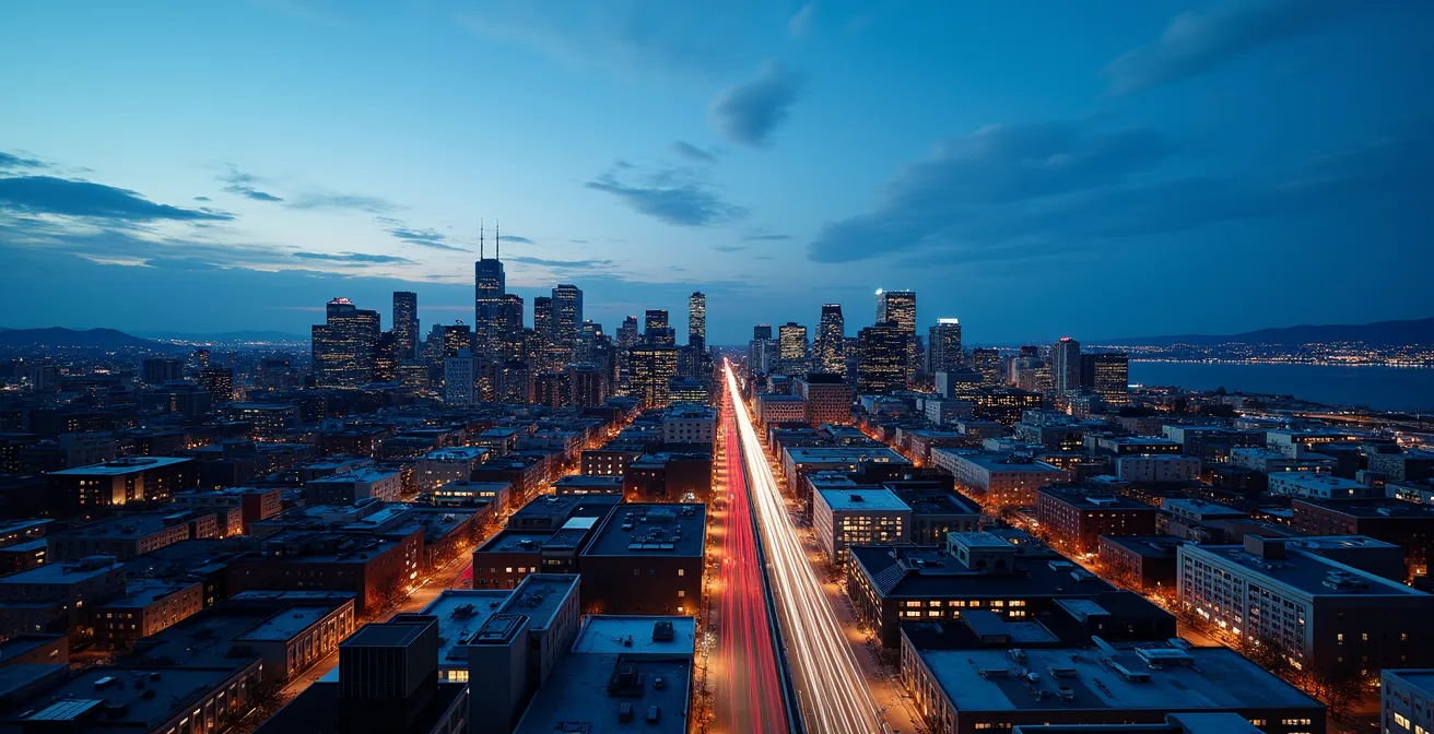 Vue aérienne minimaliste du centre-ville de Montréal avec représentation abstraite des flux de circulation