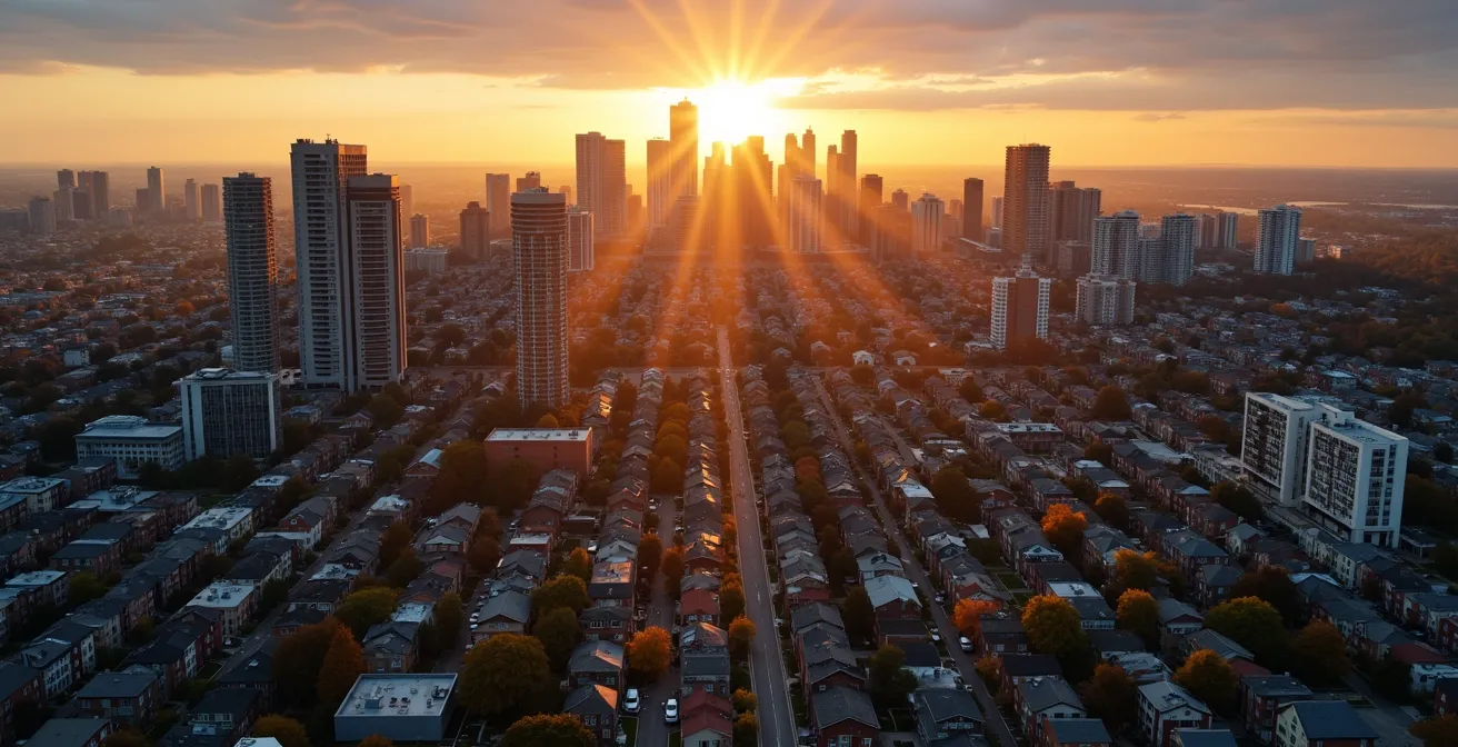 Vue aérienne des quartiers résidentiels de Montréal montrant la diversité architecturale